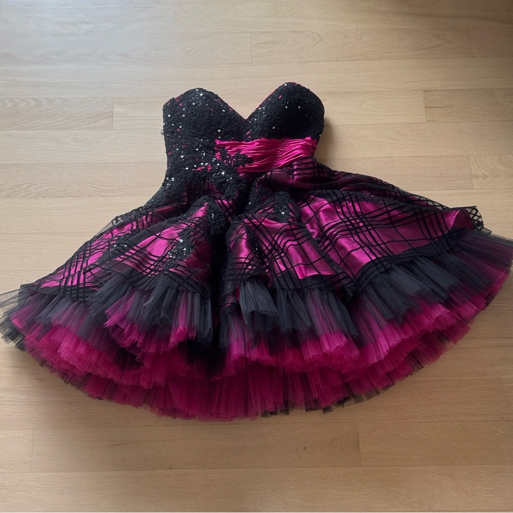 Jovani Strapless Pink & Black Lace Taffeta Party Dress – Size 6 - Picture 5 of 5